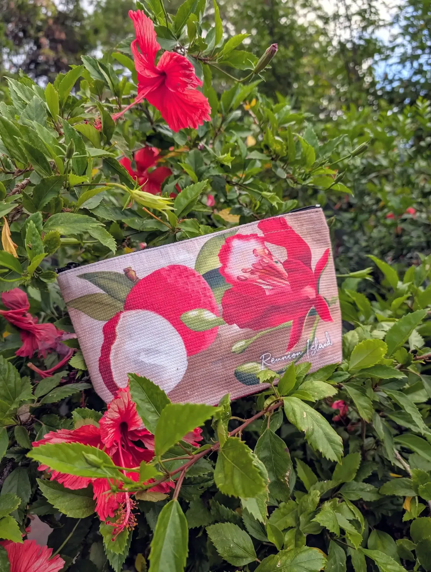 Une trousse Letchi rose illustrée de letchis ouverts et de fleurs rouges, posée au milieu d'un buisson d'hibiscus rouges en fleurs